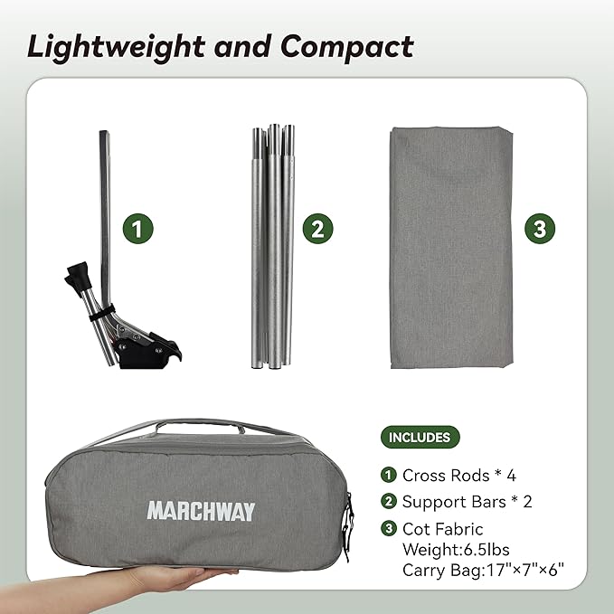 MARCHWAY Lightweight Folding Tent Camping Cot Bed with Lever Lock Easy Setup Portable Compact for Outdoor Travel Hunting Hiking Motorcycling Support 330Lbs (Grey)