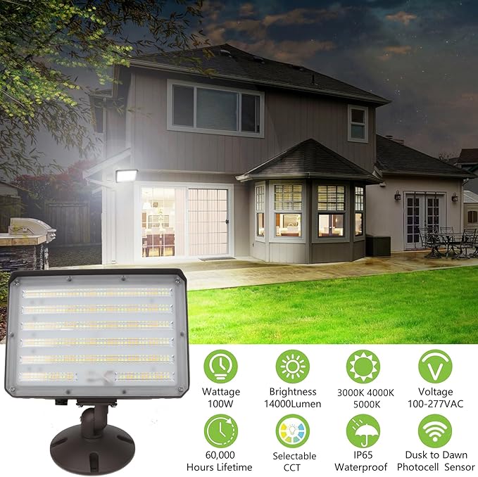2Pack Dusk to Dawn Outdoor 100W LED Flood Light with Knuckle &amp Plate Mount 3000K/4000K/5000K Color Selectable ETL Commercial LED Security Lighting