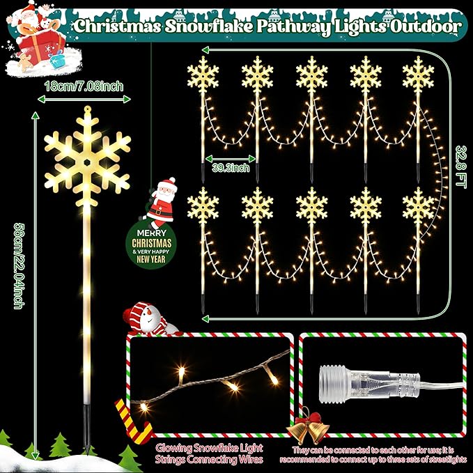 10 Pcs Christmas Snowflake Pathway Stake Lights for Outdoor Yard 370 Bright LEDs Waterproof Large Christmas Snowflake Light Decoration for Garden Lawn Driveway Walkway Decor (Warm White)