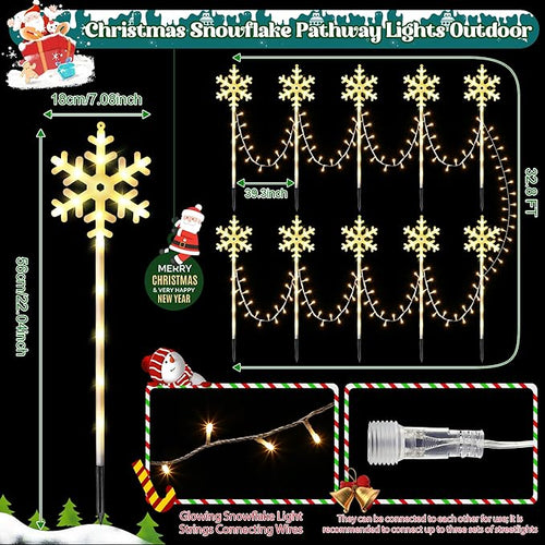 10 Pcs Christmas Snowflake Pathway Stake Lights for Outdoor Yard 370 Bright LEDs Waterproof Large Christmas Snowflake Light Decoration for Garden Lawn Driveway Walkway Decor (Warm White)
