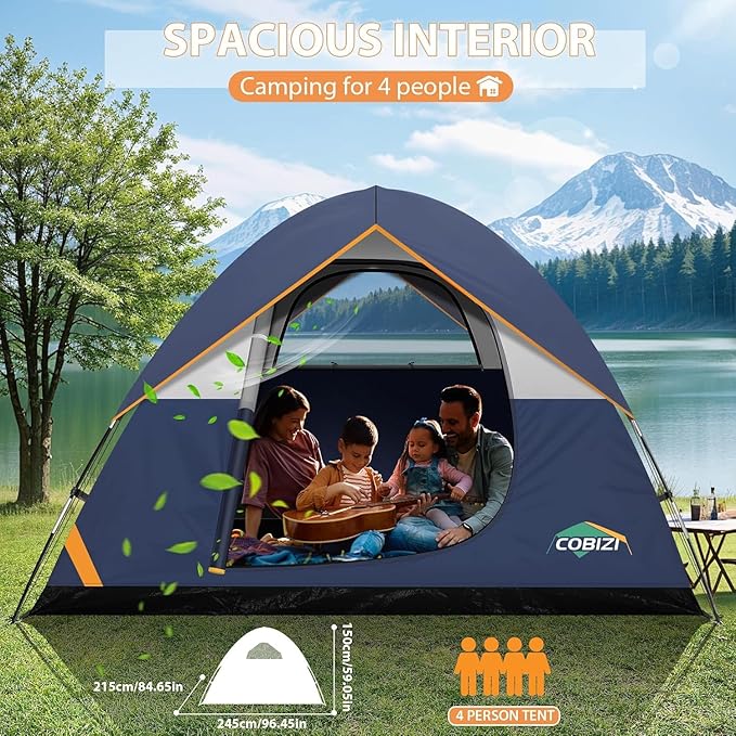 COBIZI Tents for Camping 4 Person Camping Tent with Rainfly and Screen Easy Setup Lightweight Portable Waterproof Outdoor Tent with Carry Bag for Backpacking Hiking Family Travel Dark Blue
