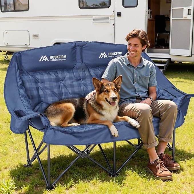 Padded Double Camping Chair High Back 2 Person Camping Chair Oversized Camping Loveseat Support 800LBS Heavy Duty Camping Couch with Cup Holders Cooler Carry Bag Blue