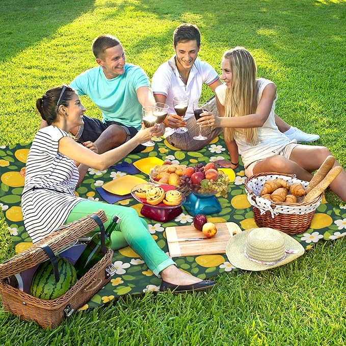 Waterproof Sandproof Beach Blanket 59''×68'' Lemon Fruit &amp Flower Polyester Outdoor Picnic Blanket with 4 Stakes &amp Storage Bag for BeachCampingVacation Green