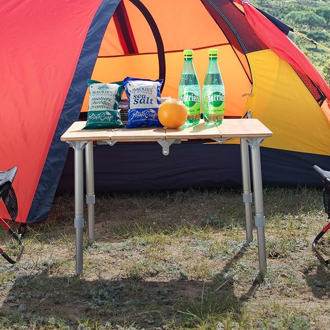 KingCamp Bamboo Folding Table Camping Table with Adjustable Height 4-Folds Compact Small Lightweight Portable Picnic Camp Table for Outdoor Backpacking Beach RV Travel Tailgating Barbecue 1-2 People
