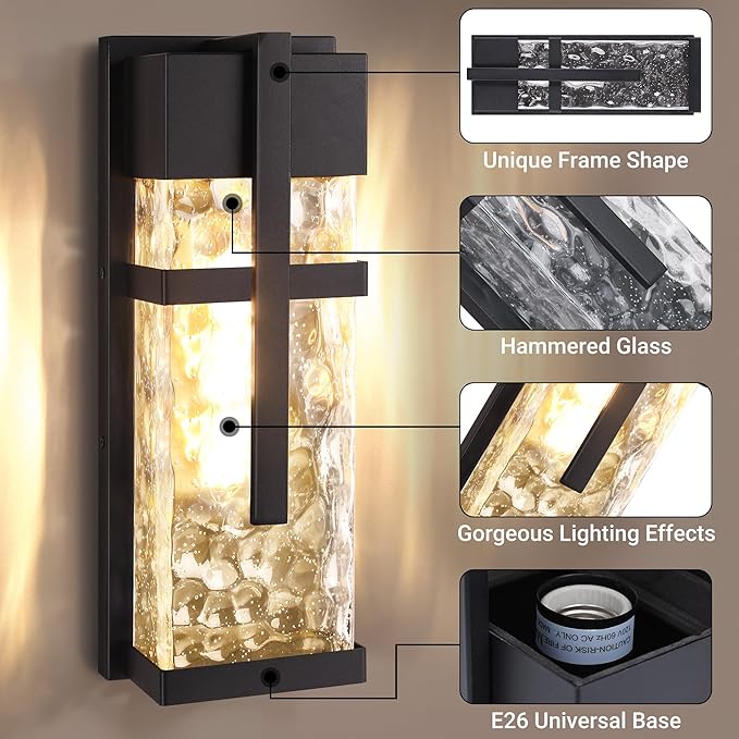 Hammered Glass Wall Lamp Outdoor Light Fixtures Exterior Wall Lantern for Porch with Waterproof 2 Pack Wall Sconce Lighting Wall Mount Light Porch Light for Garage Doorway Patio(Bulb Included)