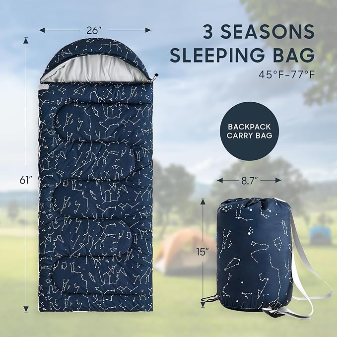 Wake In Cloud - Kids Sleeping Bag for Boys Toddlers Camping in Warm Cold Weather Backpacking Lightweight Compact Outdoor Liner for 3 Seasons Constellation Galaxy