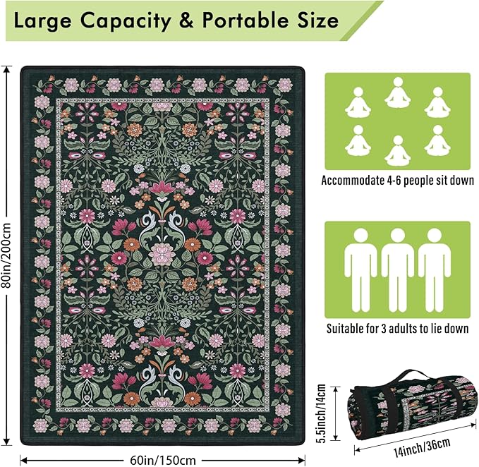 Floral Picnic Blankets Waterproof Foldable 60″X80″ Packable Picnic Mat Boho Outdoor Blanket for Grass Large Beach Blanket Sandproof Picnic Accessories for Camping Music Festival Park Lawn Travel