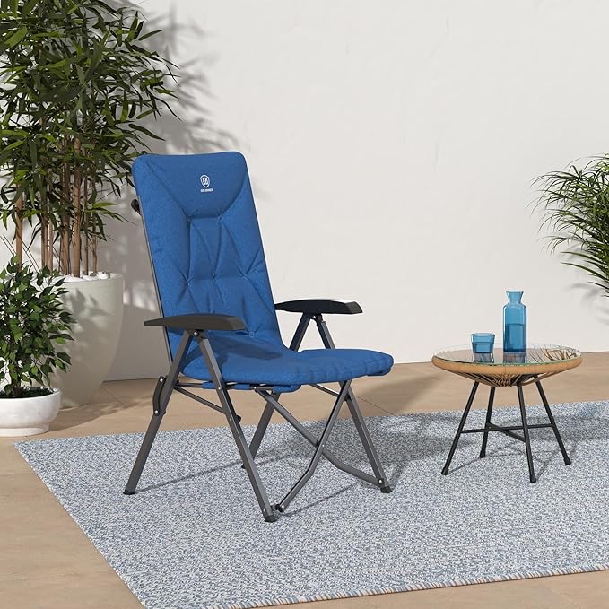 EVER ADVANCED Folding Padded Camping Chair 4 Positon Adjustable Recliner with High Back Support Portable for Adults 300lbs Weight Capacity Blue