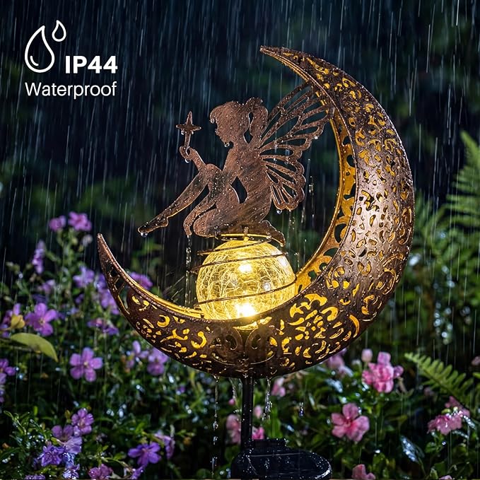 MEBRUDY Fairy Solar Garden Outdoor Decor Moon Figurine Light Stake Housewarming Ornament for Patio Lawn Yard Pathway Unique Gift Ideas for Gardening Mom Grandma Women