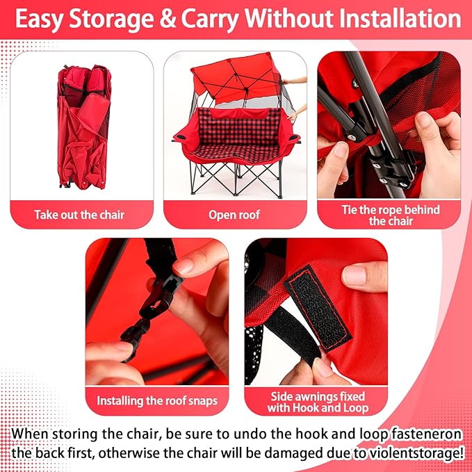 Double Camping Chair with Canopy Shade 660lbs Heavy Duty Beach Chair Portable Folding 2 Person Camping Loveseat with Cup Holder and Storage Bag for Lawn Beach Outdoor Sport(Red Plaid)