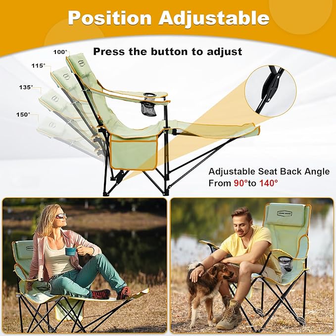 YOUNG WOOD Camping Lounge Chair Portable Reclining Camping Chair with Foot Rest Folding Camping Chair for Adults Headrest &amp Storage Bag Mesh Recliner with Backpack 330lbs Weight CapacityGree
