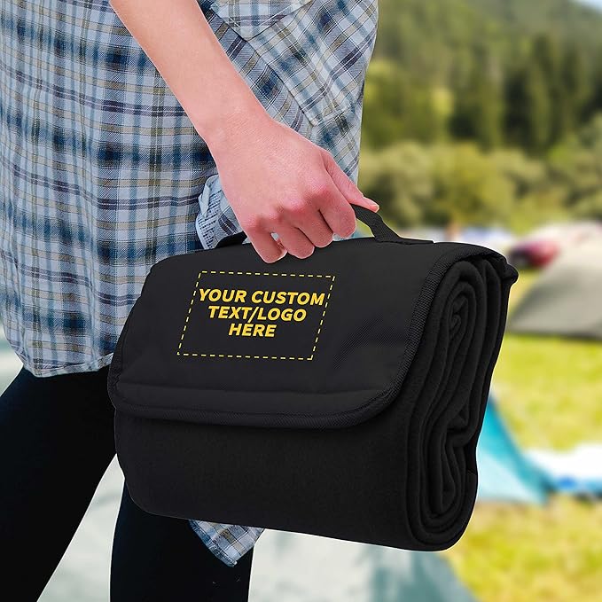 DISCOUNT PROMOS Custom Roll Up Picnic Blankets Set of 10/50/100 Personalized Bulk Pack Great for Camping Picnic Beach Sports Outdoor Activities - Black