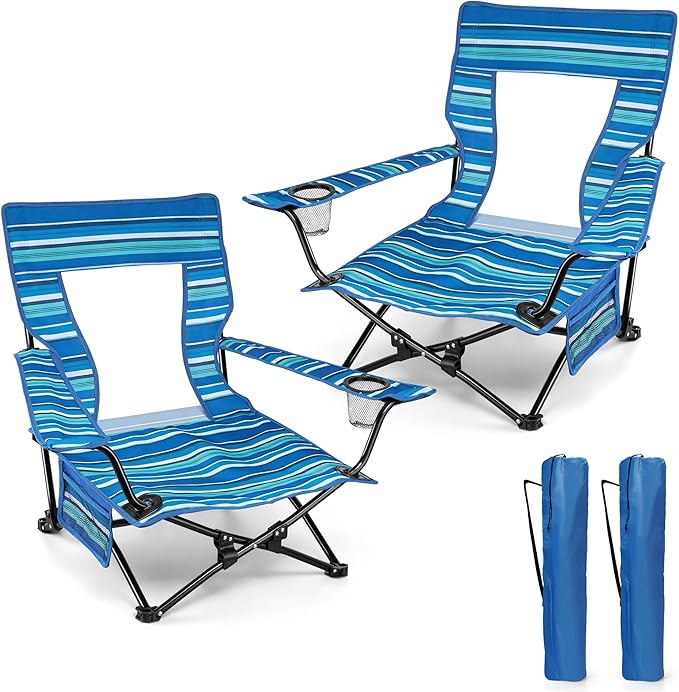 HaSteeL Folding Beach Chair Set of 2 Foldable Striped Camping Chairs for Outside Low Beach Chair Portable for Adults Fishing Picnic Outdoor BBQ Travel Sports Cup Holder &amp Storage Bag