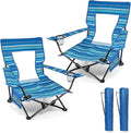 HaSteeL Folding Beach Chair Set of 2 Foldable Striped Camping Chairs for Outside Low Beach Chair Portable for Adults Fishing Picnic Outdoor BBQ Travel Sports Cup Holder &amp Storage Bag