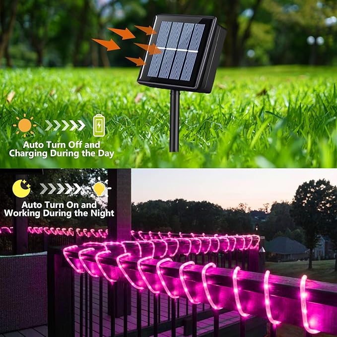 YEGUO Solar Valentine’s Day Light Outdoor Waterproof 66ft 200 LED Pink Rope Lights 8 Modes Tube Christmas String Lights in Clear Thin Tube