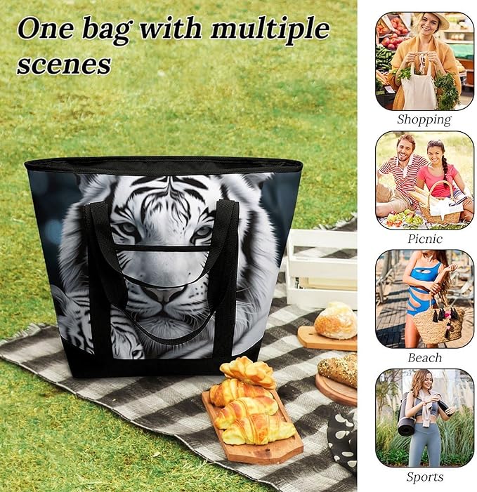 Insulated Shopping BagLarge Reusable Cooler Bags White Tiger Printed Foldable Shopping BagTravel Waterproof Shoulder Bag