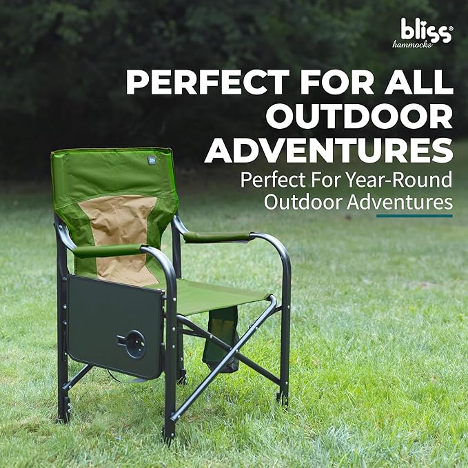 Bliss Hammocks 24 Volt Heated Directors Seat with 3 Heat Settings Folding Portable 21 Inch Wide Steel Frame Camping Chair - Battery Included Green