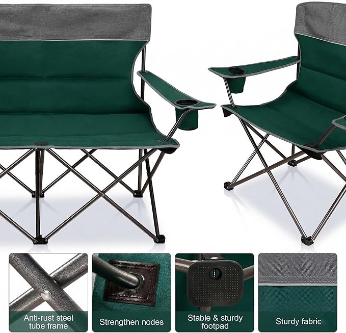 Oversized 4 Pcs Camping Chair Set with TableOutdoor Folding Heavy Duty Lawn ChairCup HolderPortableLoveseat Chair Perfect for Family HikingPicnics and Beach TripsDark Green
