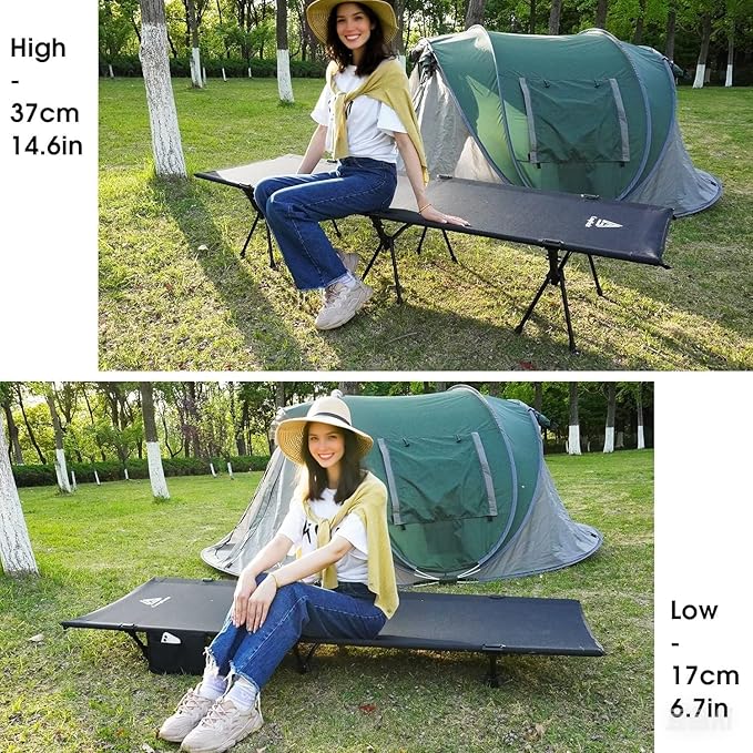 CAMPNACHT Ultralight Camping Cot with Leg Extenders Aluminum Lightweight Folding Cot for Adults Portable Backpacking Compact Tent Cot for Outdoor Hiking 1 Pack with 2 Use Modes Black
