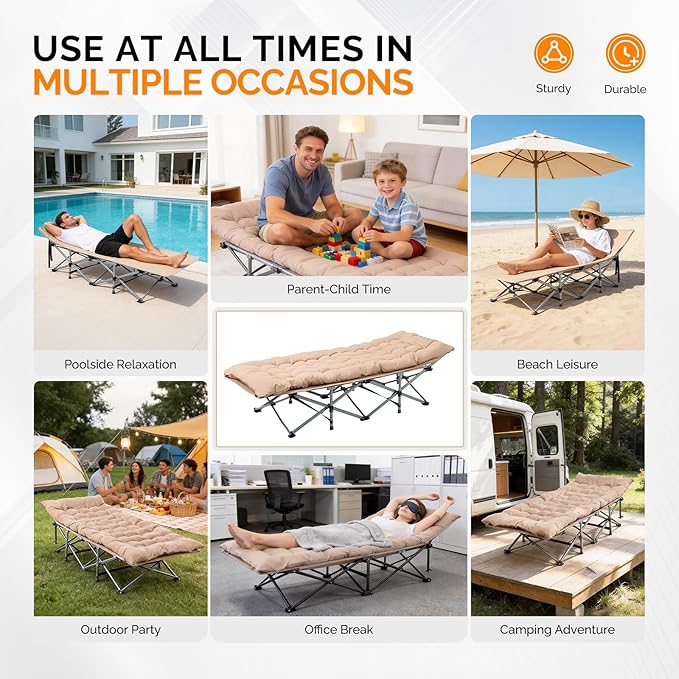 VINGLI Folding Camping Cot BedCamping Cots for Adults with Mattress Foldable Cots for Sleeping with Pillow 1200D Layer Oxford for for GuestTravelHiking-Brown 1P