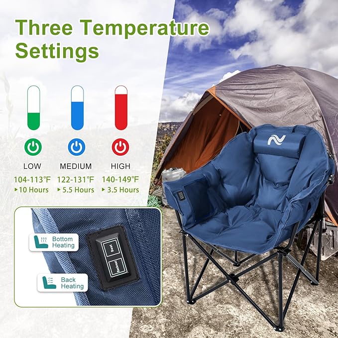 Slsy Oversized Heated Camping Chairs 2-Pack Heated Folding Moon Chairs with 3 Heat Levels Heavy Duty Portable Lawn Chairs for Outdoor Patio Picnic and Lounge