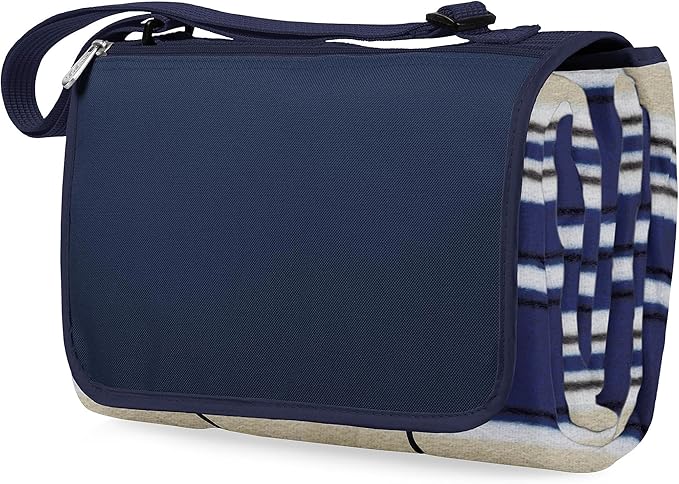 PICNIC TIME Outdoor Picnic Blanket Tote 59x51 Foldable Beach &amp Camping Blanket with Soft Fleece Water-Resistant Bottom Adjustable Strap &amp Zippered Pocket (Blue Stripe Navy Flap)