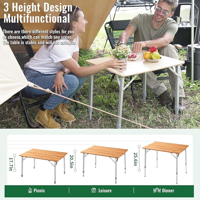 KingCamp Adjustable Height Folding Table 4-Fold Bamboo Camping Outdoor Portable RV Camp Table with Carry Bag for Outdoor Car Backyard Picnic Tailgating Beach