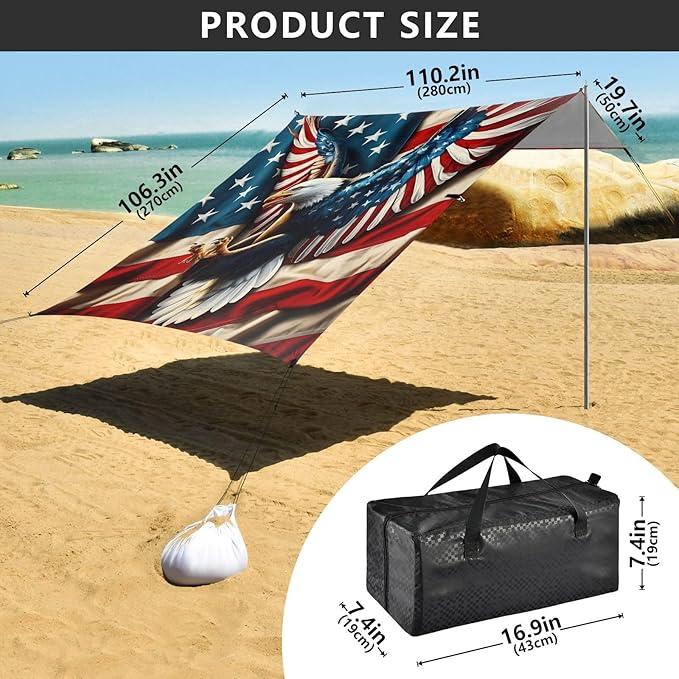 ALAZA American Flag W/Eagle Beach Tent Sun Shelter UPF50+ Protection Beach Shade Canopy w/ 4 Sandbags for Outdoor Camping Fishing Backyard Fun Picnic 10x9 ft