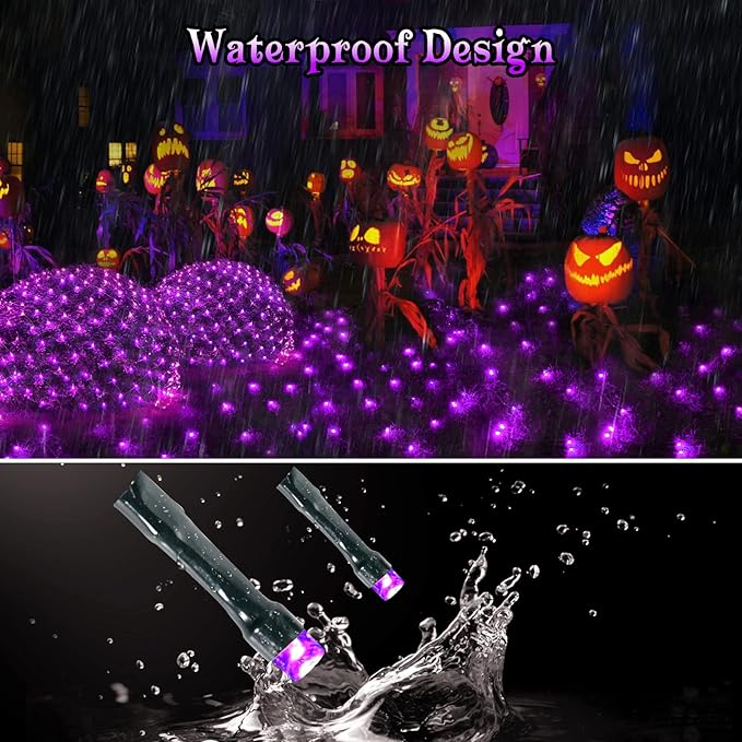 BlcTec Halloween Net Lights 200 LED 8.4ft x 5.2ft Purple Halloween Lights with 8 Modes Timer Connectable Waterproof and Green Wire Design for Trees Bushes Outdoor Decorations