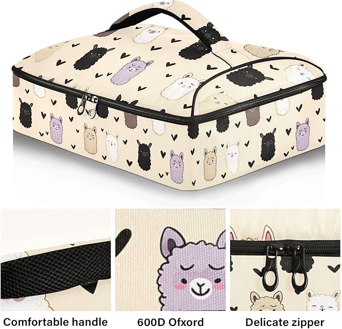 Casserole Carrier Pattern Alpaca PrintInsulated Casserole Carrier for Hot or Cold Food Thermal Lunch Tote for Potluck Parties Picnic Beach Fits 9 x 13 Inches Baking Dish