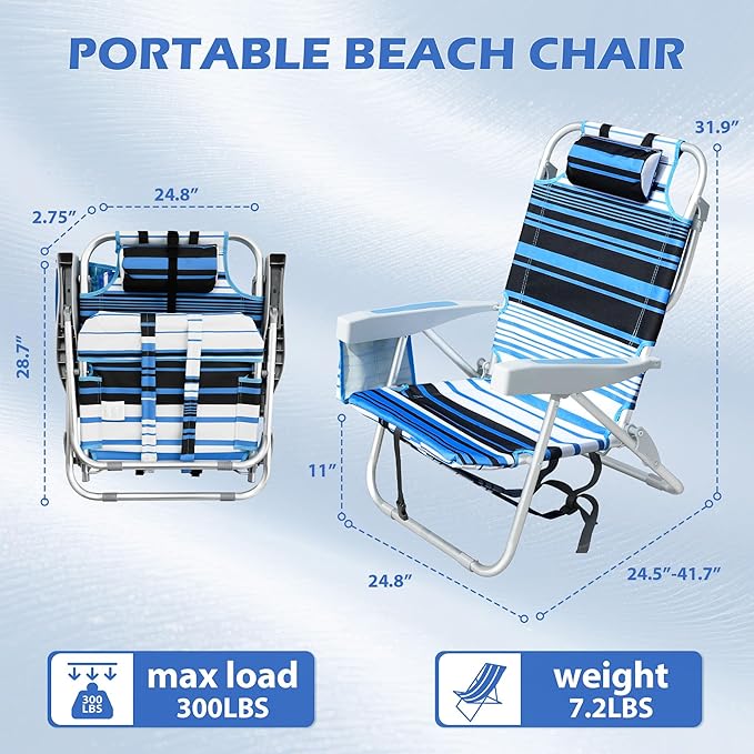 2 Pack Folding Beach Chairs for Adults Heavy Duty Compact Lightweight Portable Lay Flat Folding Chair with Backpack StrapsCup Holder Support to 300LBS for Patio Sand Tanning
