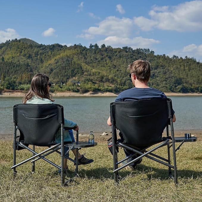 TIMBER RIDGE Aluminum Oversized Camping Chair Lightweight Portable Directors Chair with Side Table Detachable Side Pocket for Outdoor Camping Lawn Picnic Support 400lbs Black