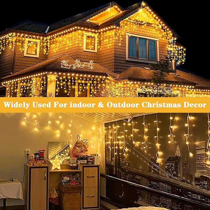 Upgraded 640LED Solar Christmas Icicle Lights Outdoor Waterproof60+16FT 13 Modes &amp USB Rechargeable Solar Powered Icicle Light for Roof House Yard Christmas Outdoor Decoration (Warm White)
