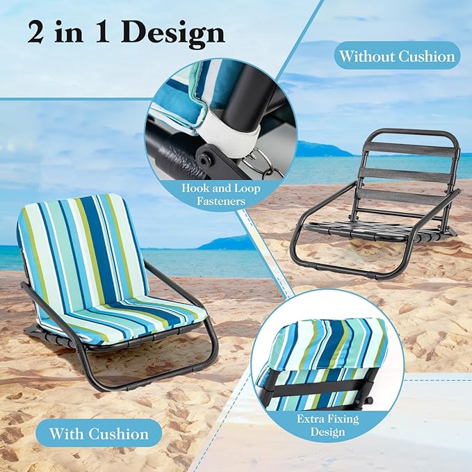 GYMAX Beach Chair 2 Pack 300LBS Low Beach Chair with Shoulder Strap Removable Cushion &amp Aluminum Frame Folding Reclining Beach Chair Heavy Duty Portable Beach Chair for Adults (2 Blue Stripe)