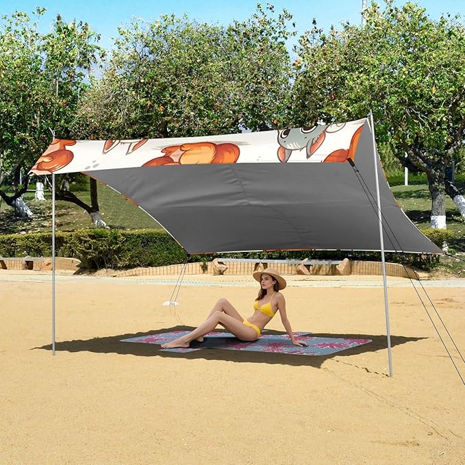 Cute Squirrel Pattern Camping Sun Shelter Beach Tent Portable Beach Sun Shade Outdoor Canopy for Camping Trips Fishing Picnic