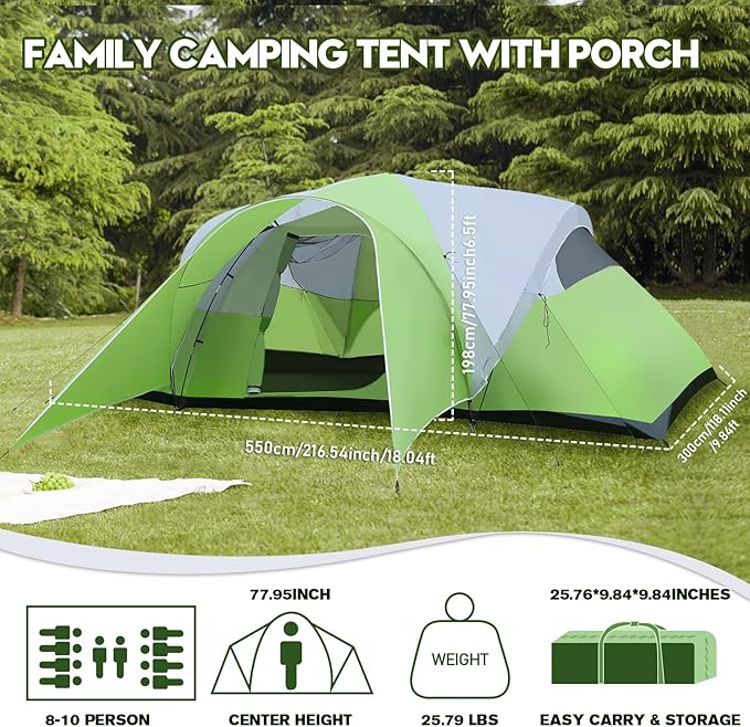 8-10 Person Family Camping Tent with Porch Easy Setup for Outdoor Camping Picnic Backyard