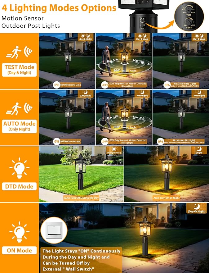 360° Motion Sensor Outdoor Post Lights 4 Lighting Modes Lamp Post Light Fixture Dusk to Dawn Waterproof Aluminum Black Pole Light Post Outdoor Lighting for Outside Garden Fence YardHard Wired