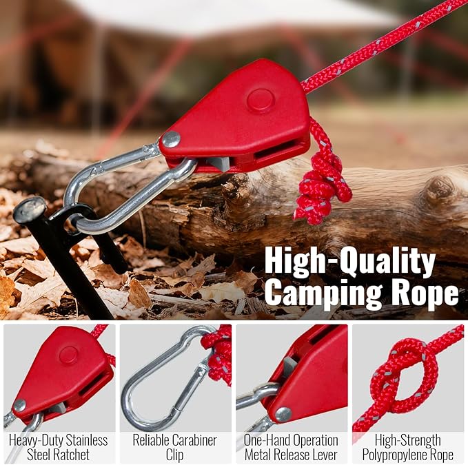 Camping Rope Reflective Tent Rope Guyline with Ratchet Pulley Tarp Tie Down Ropes for Tent Tarp Canopy Shelter Camping 13ft Adjustable Guy Line for Canopy Tent 4 Pack Guy Lines Tents Cords