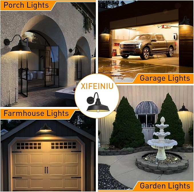 14.5 Dome Gooseneck Barn Light Outdoor Anti-Rust&ampWaterproof Farmhouse Wall Sconce Outdoor Wall Lanterns for Porch/Patio E26 Base 100W Max(Black 2-Pack Exterior Lighting Fixtures)