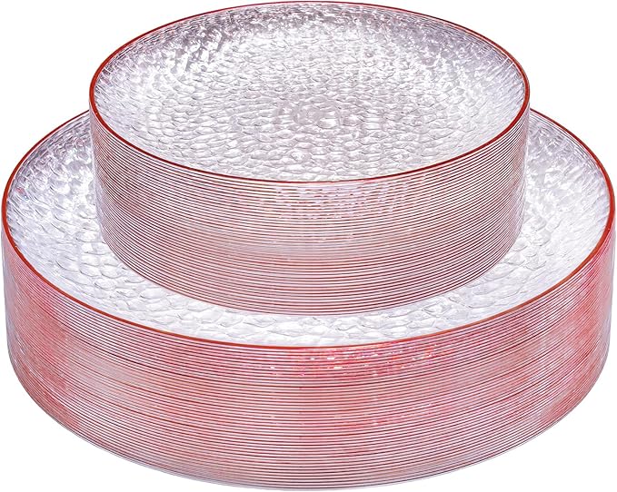 Rubtlamp 60Pcs Red Plastic Plates Clear Plastic Plates With Red Rim Heavy Duty Disposable Plates for Party Fancy Hammered Plates Include 30 Red Dinner Plates 30 Clear Cake Plates