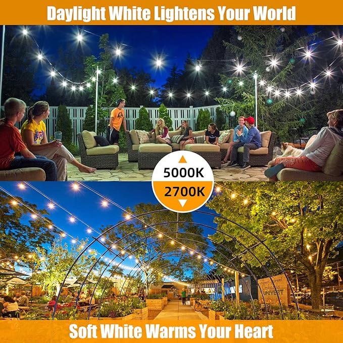 96FT(48×2) Outdoor String Lights Commercial Grade Heavy Duty White Wire Patio Light with Dimmable S14 Shatterproof LED Bulbs Linkable Waterproof Bistro Lights for Outside Deck Backyard Cafe Market