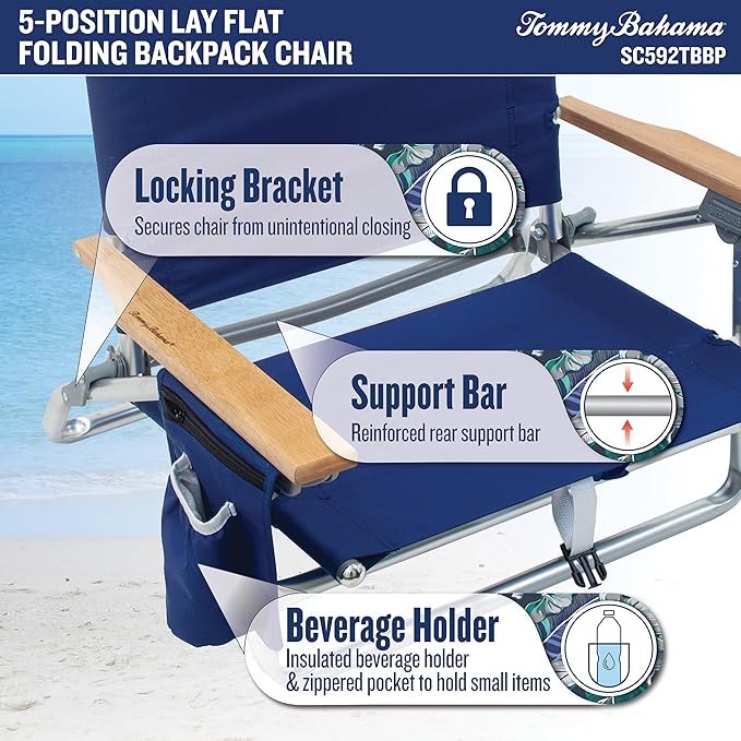 Tommy Bahama 5-Position Classic Lay Flat Folding Backpack Beach Chair Blue and Green Stripe 23 x 25.25 x 31.5