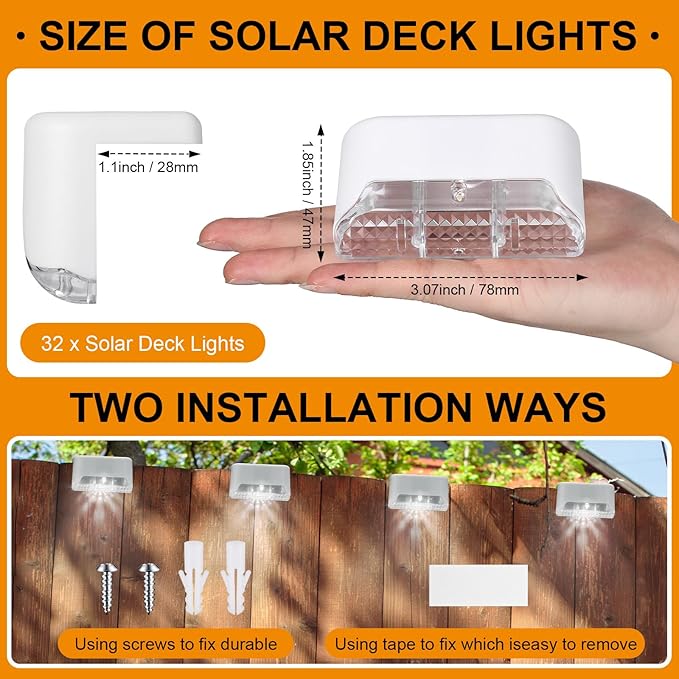 Geelin 32 Pcs Solar Deck Lights Outdoor Waterproof LED Solar Step Fence Lights for Stairs Step Railing Patio Driveway Garden Pathway and Yard(White Shell Cool White Light)
