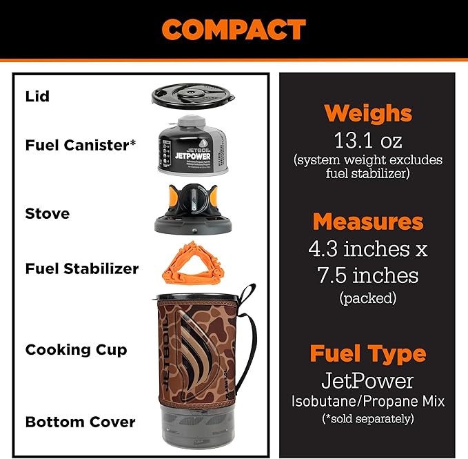 Jetboil Flash Portable Fast Boil Stove for Camping and Backpacking with 1-Step Auto Ignition Propane/Isobutane Burner with Cooking Cup