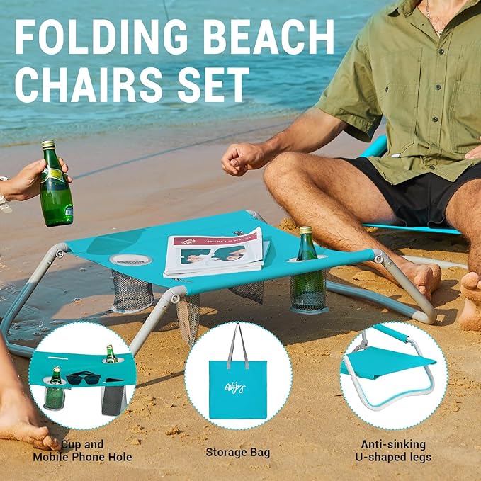 #WEJOY 2-in-1 Beach Chairs &amp Table Set Lightweight &amp Folding Backpack Beach Chairs for Outdoor Beach Lawn Camping Picnic Cyan