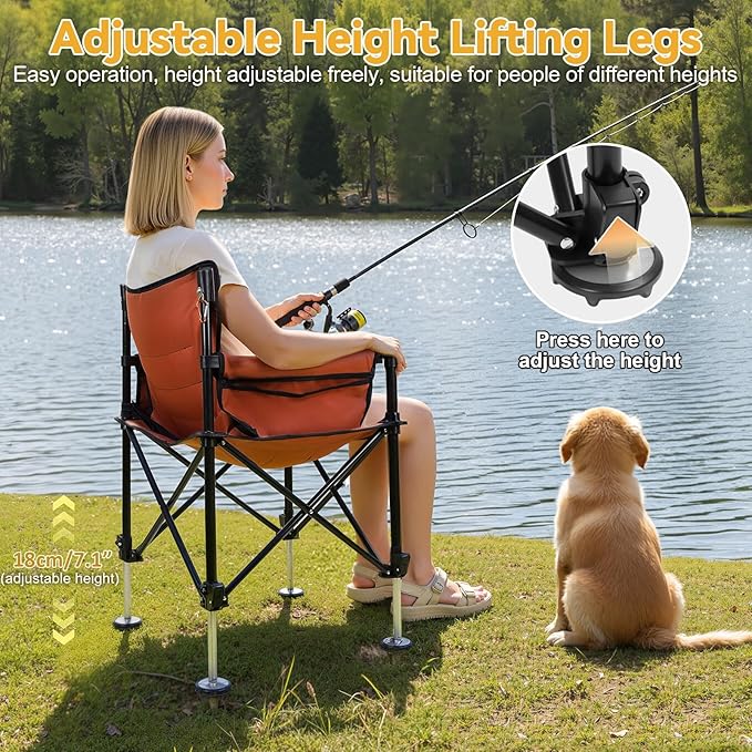 Foldable Fishing Chair Heavy Duty Portable Adjustable Camping Chair with Rod Holders Non-Slip Feet Carrier Bag for Outdoor Fishing Travel Beach Orange