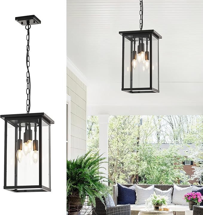 10 Modern 4-Light Exterior Black Square Lantern Pendant Light Fixture with Clear Glass Industrial Hanging Cage Chandelier for Outdoor Porch Kitchen Island Dining Room Hallway Entryway Foyer