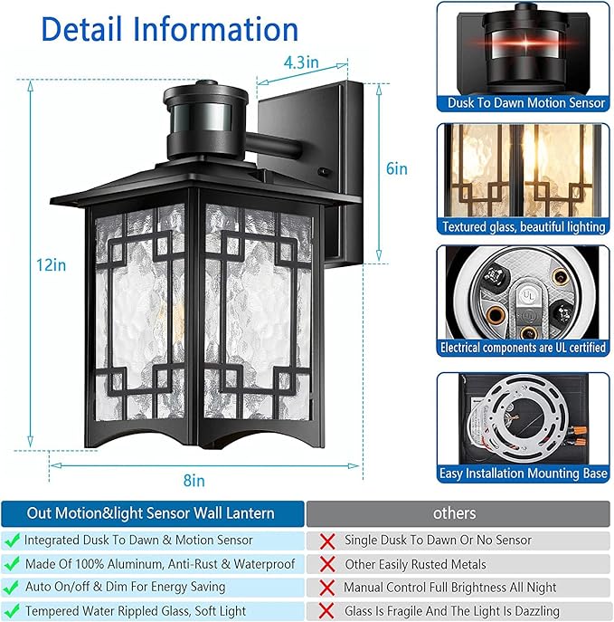 2 Pack Motion Sensor Outdoor Wall Lights Dusk to Dawn Lighting Led Exterior Light Fixture Aluminum Lantern for Front Porch Waterproof Black Outdoor Wall Sconce for House Garage Patio
