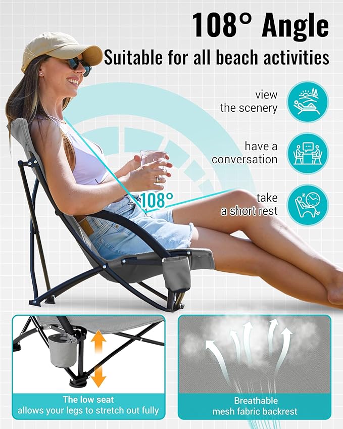 KingCamp Low Beach Chair High Back Folding Camping Chair for Adults Oversized Breathable Mesh Seat 300lbs Heavy Duty Portable Chair with Cup Holder &amp Storage Pockets for Beach Outdoor