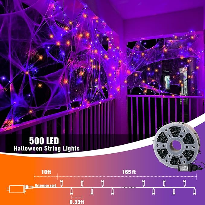 QITONG 165ft 500 LED Orange and Purple Halloween Lights Outdoor Waterproof String Lights for Outside with 8 Modes Green Wire Twinkle Lights Plug in Indoor
